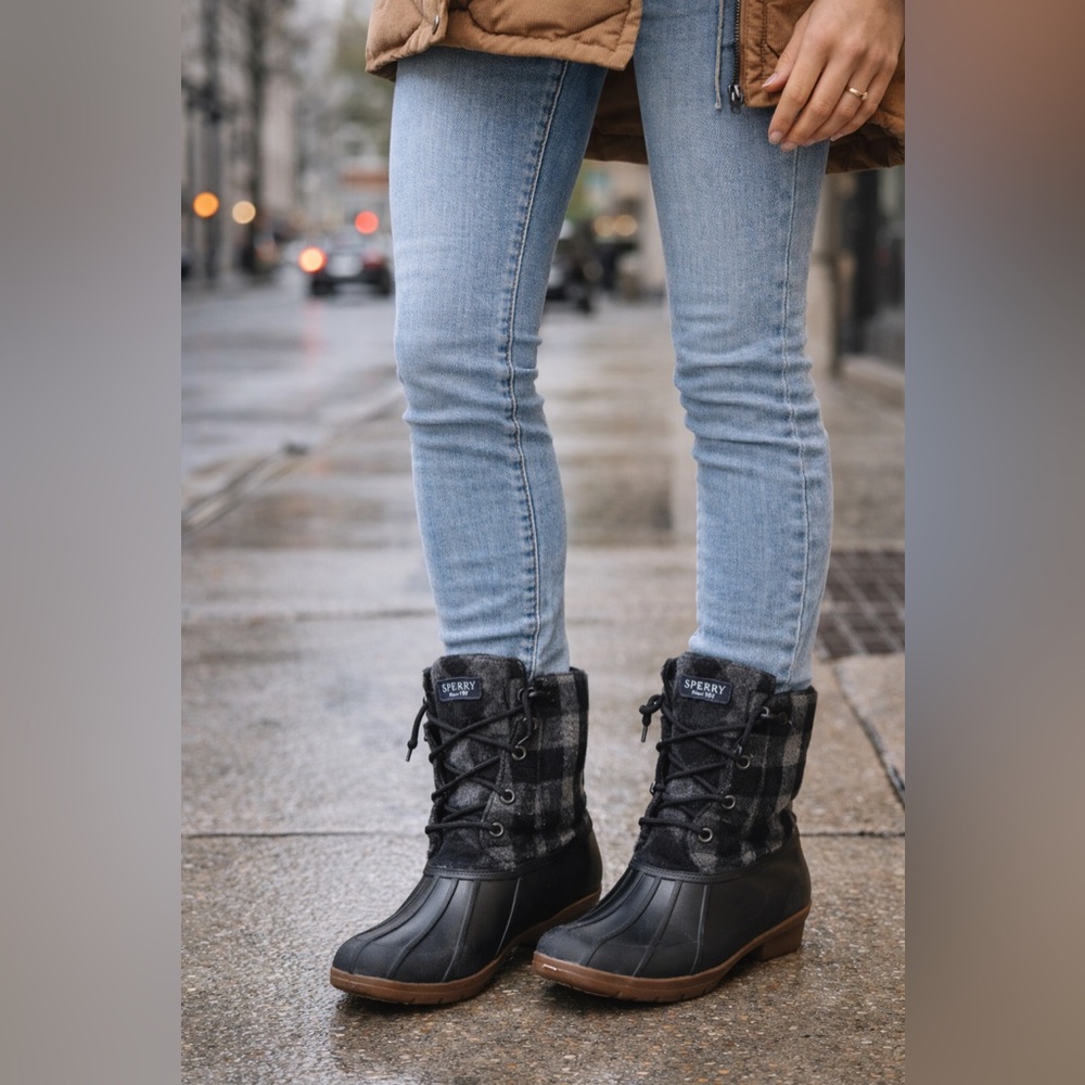 Sperry Waterproof Rubber Duck Boots – Black Buffalo Check – Cozy & Chic 🖤